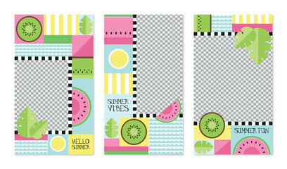 Colorful summer fruit social media story template set, abstract cute design photo frame layouts