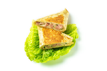 Sliced ​​pita bread with sausage and cheese on green cabbage leaf, isolated on white background, with shadow
