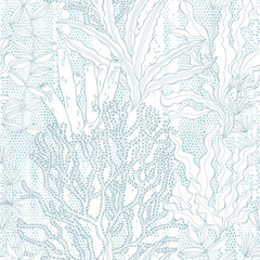 Fototapeta na wymiar Seaweed. Seamless vector pattern with underwater plants on blue mosaic watercolor background. Abstract floral texture. Perfect for design templates, wallpaper, wrapping, fabric and textile.
