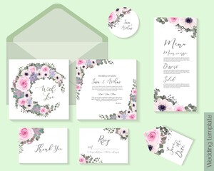 Floral round frame. White anemones, pink roses, eucalyptus, berries, succulent, gypsophila. Invitation card, thanks, rsvp, menu.