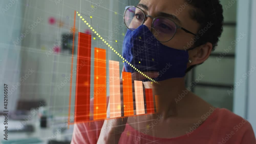 Wall mural Animation of covid 19 statistics and data processing over woman in fast mask in office