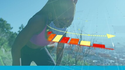 Animation of covid 19 statistics and data processing over fit woman in fast mask exercising