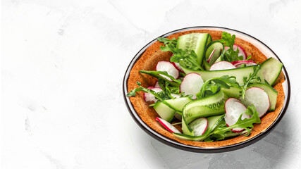 Healthy vegan lunch dinner bowl salad of fresh cucumbers, radish and arugula. Healthy food. Food recipe background. place for text, top view