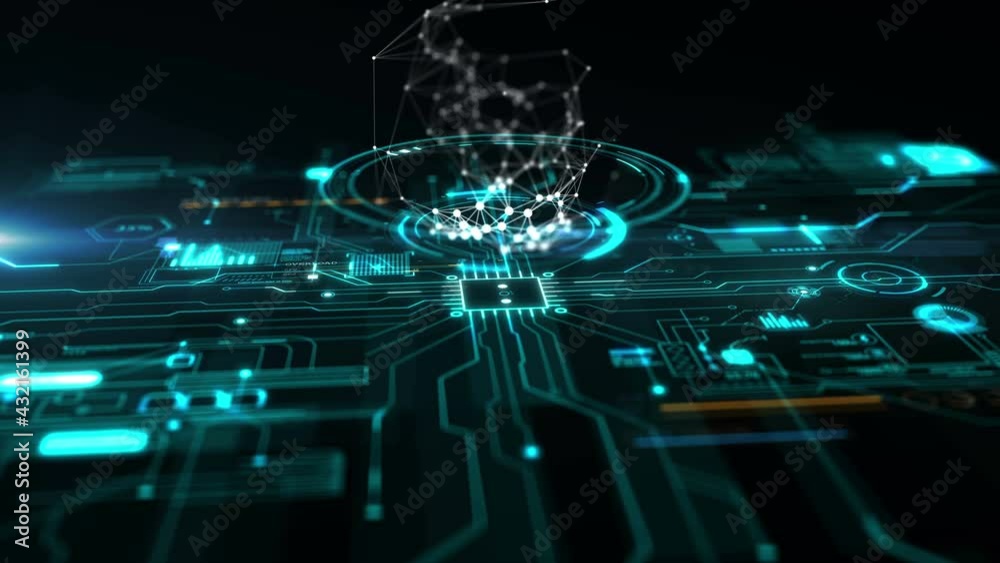 Poster Blue abstract high tech device. Futuristic motherboard with digital hi-tech animated elements and plexus particles. Depth of field settings. 3D rendering.