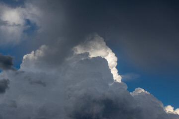 Heavy clouds background, blue, gray and white dramatic sky before big storm and rain