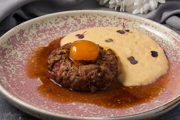 beef steak with potato cream. Horizontal frame