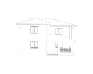 3D linear architectural sketch detached suburban house. Vector illustration.