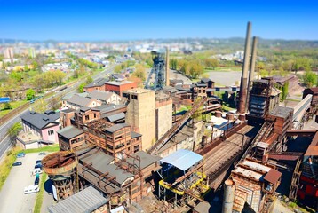 Tilt-shift ironworks factory, aerial view.