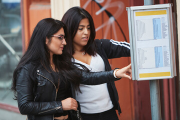 Female friends checking timetable on bus stop