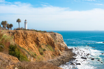Beautiful natural landscape on the Los Angeles coast at Point Vicente Lighthouse, ocean waves
