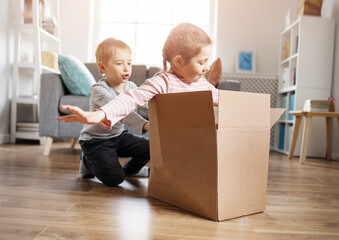 Fototapeta na wymiar Cute children playing with cardboard box in living room.