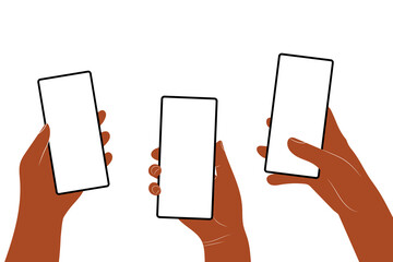 Obraz na płótnie Canvas Human hands hold horizontally mobile phone with blank screen. Hand holding phones with empty screens mock up. Flat vector illustration scrolling or searching.