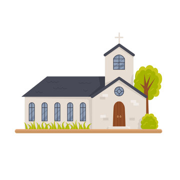 Christian church building isolated on white. Municipal public religious architecture silhouette. Modern stylish monastery, front view. Holy traditional symbol. Vector cartoon flat illustration