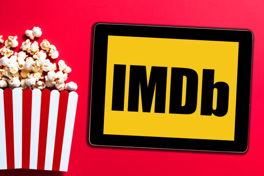 TARNOW, POLAND &ndash; APRIL 2021: IMDb Logo on tablet display screen. MDb is an online database of information related to films, television programs, home videos and streaming content online.