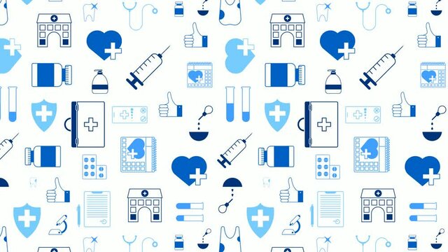 animated seamless pattern with medical icons. First aid kit, stethoscope, pills, syringe, tooth, microscope. Ornament for background decoration. Design element. Looped video