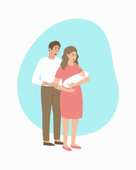 Parents look at their newborn baby. Happy family with a baby in her arms. Mom holds the baby in her arms. Flat vector illustration.