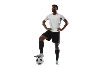 Portrait of young African soccer player posing isolated on white background. Concept of sport.