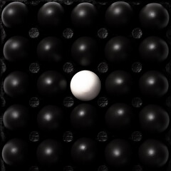 White Egg Stand Out From Black Eggs Crowd. Abstract Art and Flat Lay Food Pattern. Conceptual Racism Issue Image.