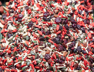 Mix of various colorful seeds with raisins and Berberis. Pumpkin seeds, sunflower seeds, raisins and dried berberis (Selective focus)
