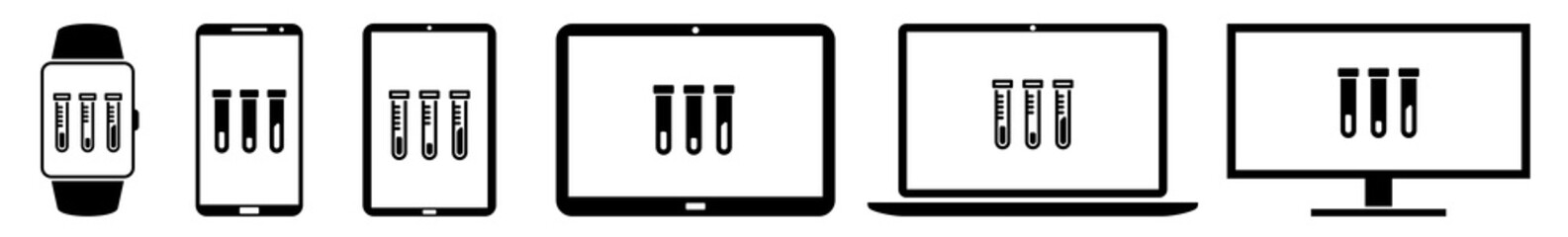 Display lab, chemistry, chemical, science Icon Devices Set | Web Screen Device Online | Laptop Vector Illustration | Mobile Phone | PC Computer Smartphone Tablet Sign Isolated