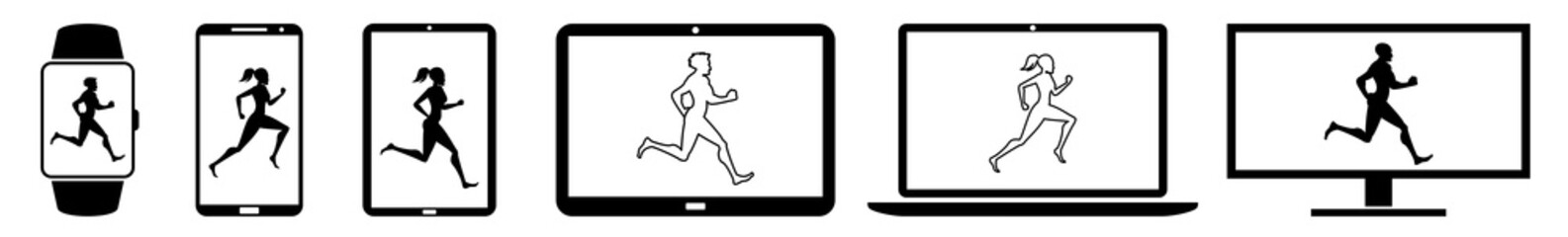 Fototapeta na wymiar Display running, man, men, woman, women, runner, runners, run, silhouette Icon Devices Set | Web Screen Device Online | Laptop Vector Illustration | Mobile Phone | PC Computer Sign Isolated