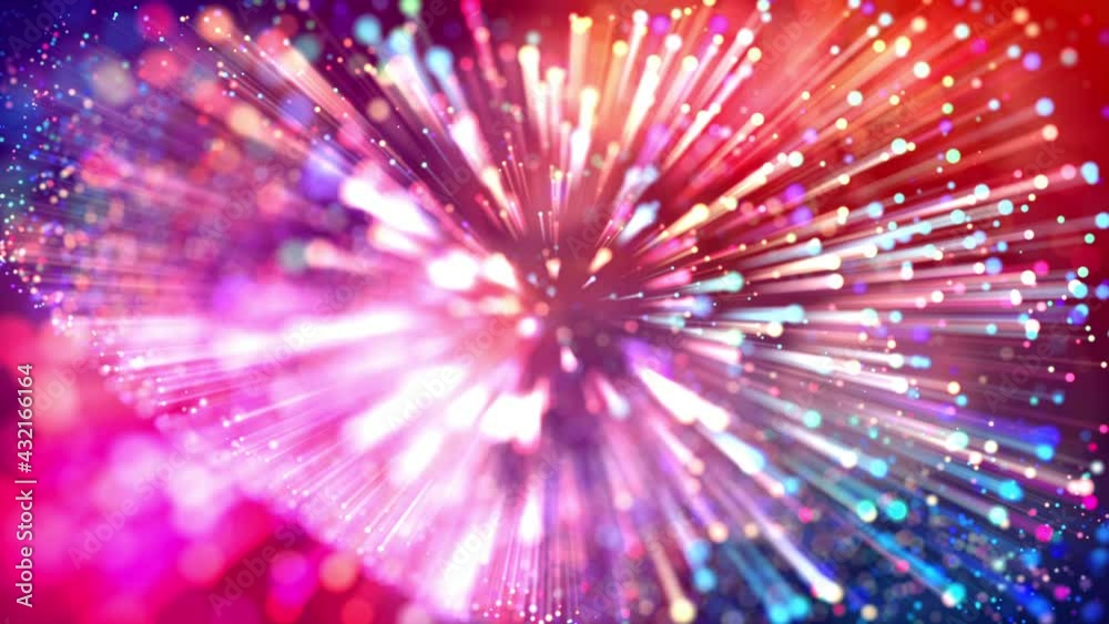 Wall mural 4k abstract creative background with multicolor light rays like laser show and with shining bokeh sp