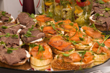 canapes with salmon and beef at a buffet