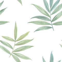 Fototapeta na wymiar Botanical seamless pattern. Watercolor illustration of green leaves and branches. Leaves painted with watercolors on a white background.