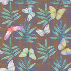 Leaves and butterflies painted with watercolors on an abstract background. Botanical seamless pattern, delicate drawing. Watercolor illustration of green leaves and butterflies.