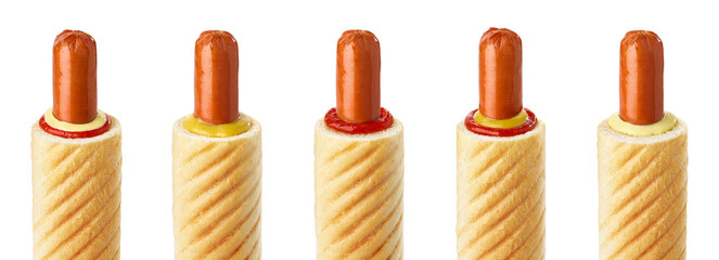 Set of French hot dogs with different sauces - ketchup, mustard and mayonnaise
