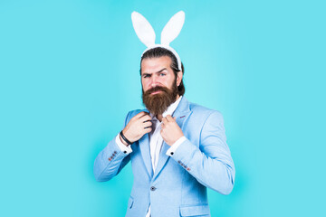 easter celebration. elegant businessman wear elegant apparel for spring holiday. happy easter. true gentleman with bunny ears. male funny look. bearded man in formalwear and hare ears
