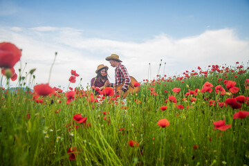 music. romantic couple with guitar in poppy flowers. family summer vacation. happy man and woman in love enjoy spring weather. happy relations. girl and guy in field. Love story