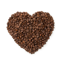Brown roasted coffee beans in a heart close up isolated on white background