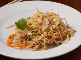 tasty mung sprouts in Korean on a white plate