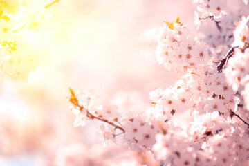 Pink cherry blossom sakura in spring time against blue sky and sun beams. Nature background. Soft focus