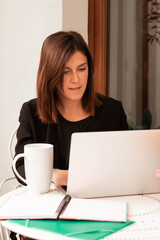 woman working at home using laptop typing