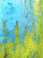 Fototapeta na wymiar background of a very old metal rusty wall painted with bright blue paint and poisonous green