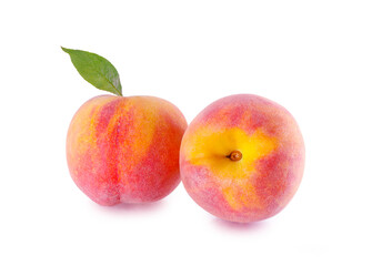 Peach fruits Peach with leaf on white background.
