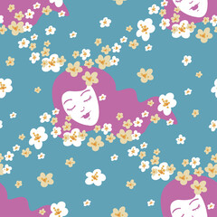 Vector seamless pattern with face of dreaming woman among flowers. Vector design for textile or wallpaper.