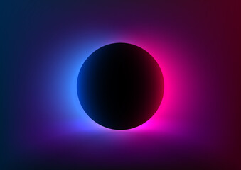 Abstract futuristic background with vivid neon blue pink light behind the black circle. Eclipse concept. Design of banner, poster, flyer for cybersport, and advertising. Vector - obrazy, fototapety, plakaty