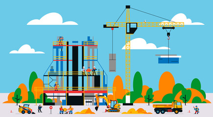 The building is under construction. The process of work of builders at a construction site. Transport, equipment, builders, crane, tools, building site, concrete mixer, excavator. Vector illustration.