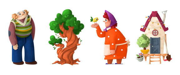 3D illustration. A set of characters from a fairy tale. Grandmother, grandfather, house, and tree. Bright raster illustration.