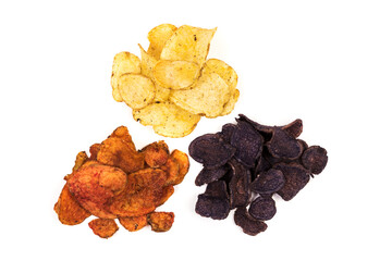 Three varieties of kettle-cooked potato chips isolated on white background, high angle view