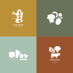 Farm elements logo collection. Silhouette linocut graphic. Minimalist style. Healthy food design. 