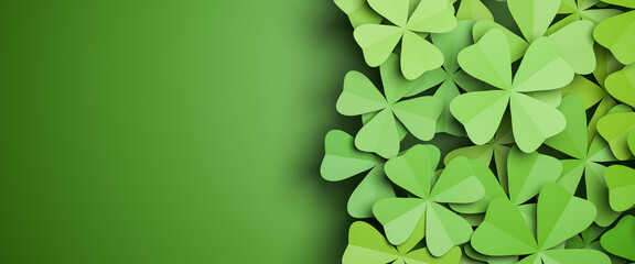 Cloverleaf background isolated on a green background to the left. All clovers are four-leafed....