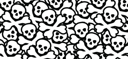 Fototapeta na wymiar Cartoon style pirate skull. The skull and crossbones symbol. Vector bones seamless pattern. For happy halloween party. Squint and crossbones. Hazard symbol.