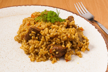 pilaf with meat on a light plate. close up