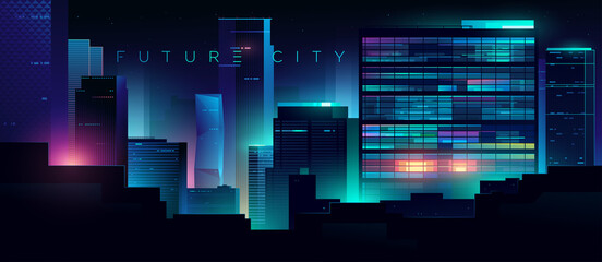 Futuristic night city. Cityscape on a dark background with bright and glowing neon lights. Office buildings. Cyberpunk and retro wave style illustration