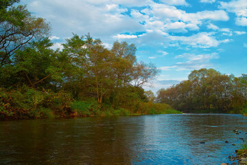 Fototapeta na wymiar 川の水面に映る初秋の風景