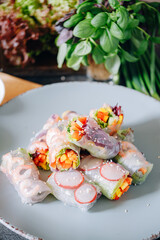 fresh springrolls with vegetables and shrimps. a healthy dish of rice paper and fresh organic vegetables